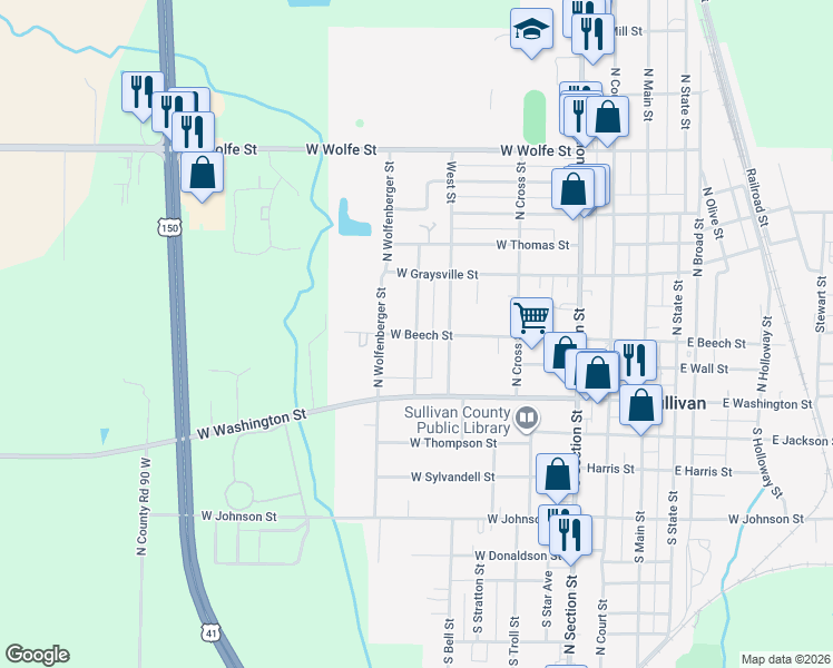 map of restaurants, bars, coffee shops, grocery stores, and more near 203 North French Street in Sullivan