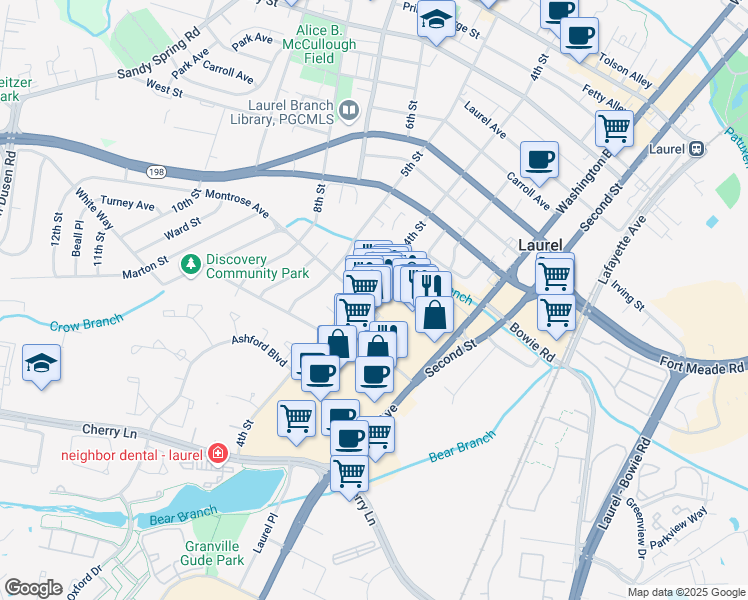 map of restaurants, bars, coffee shops, grocery stores, and more near 369 Montrose Avenue in Laurel