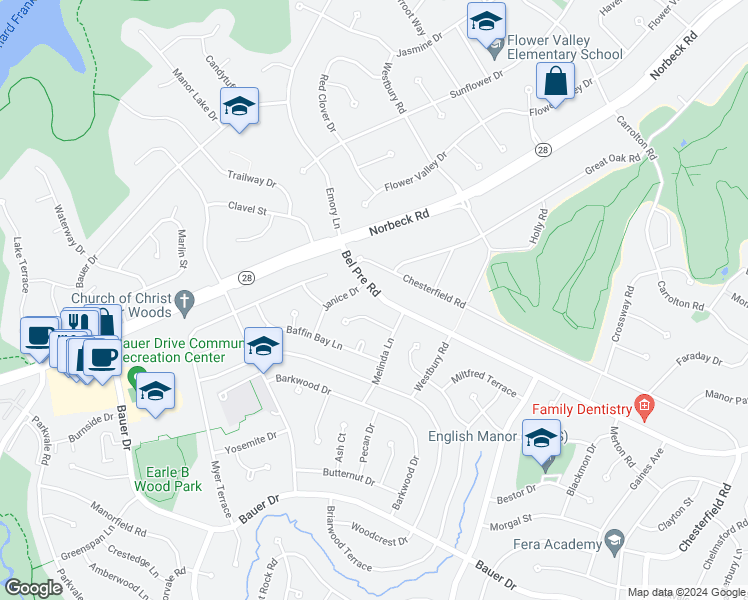 map of restaurants, bars, coffee shops, grocery stores, and more near 4916 Bel Pre Road in Rockville