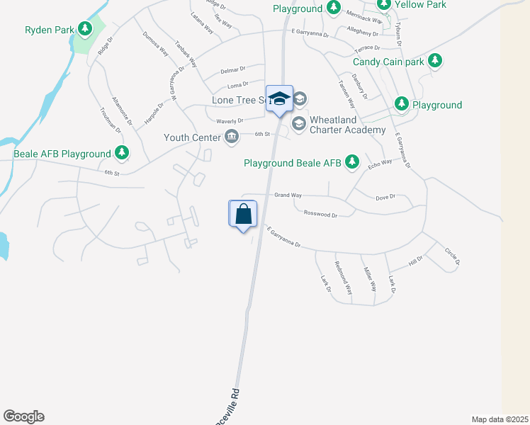 map of restaurants, bars, coffee shops, grocery stores, and more near Camp Beale Highway in Beale Air Force Base
