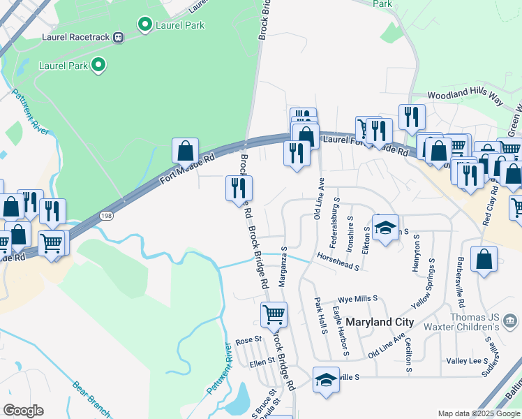 map of restaurants, bars, coffee shops, grocery stores, and more near 244 Sharptown South in Laurel