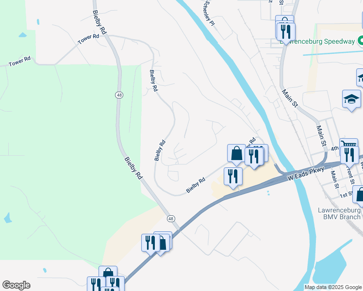 map of restaurants, bars, coffee shops, grocery stores, and more near 310 Westwind Lane in Lawrenceburg