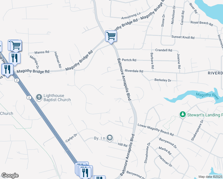 map of restaurants, bars, coffee shops, grocery stores, and more near 218 Baltimore Annapolis Boulevard in Severna Park