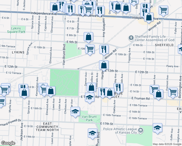 map of restaurants, bars, coffee shops, grocery stores, and more near 1210 Collins Street in Kansas City