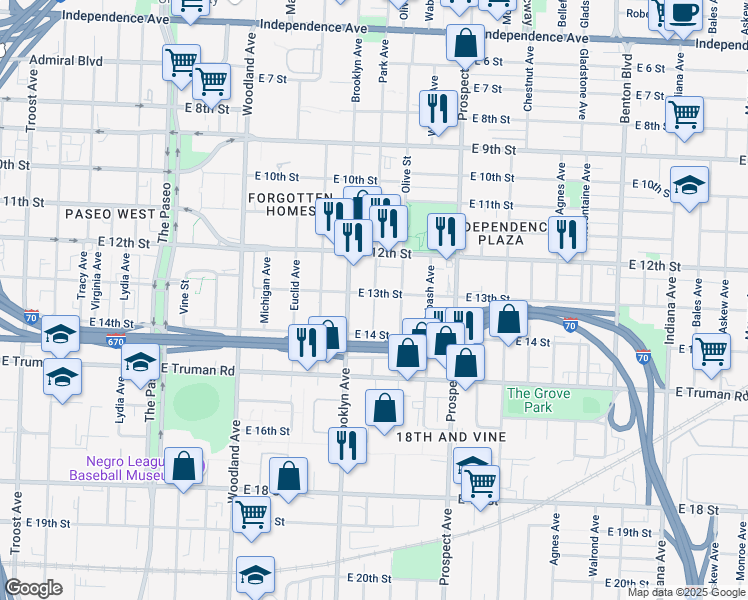 map of restaurants, bars, coffee shops, grocery stores, and more near 1328 East Park Avenue in Kansas City