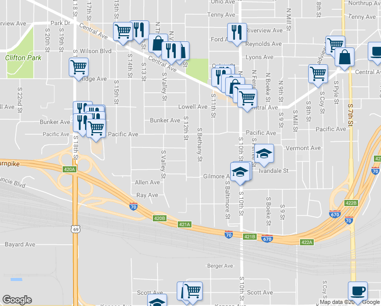 map of restaurants, bars, coffee shops, grocery stores, and more near 235 South 12th Street in Kansas City
