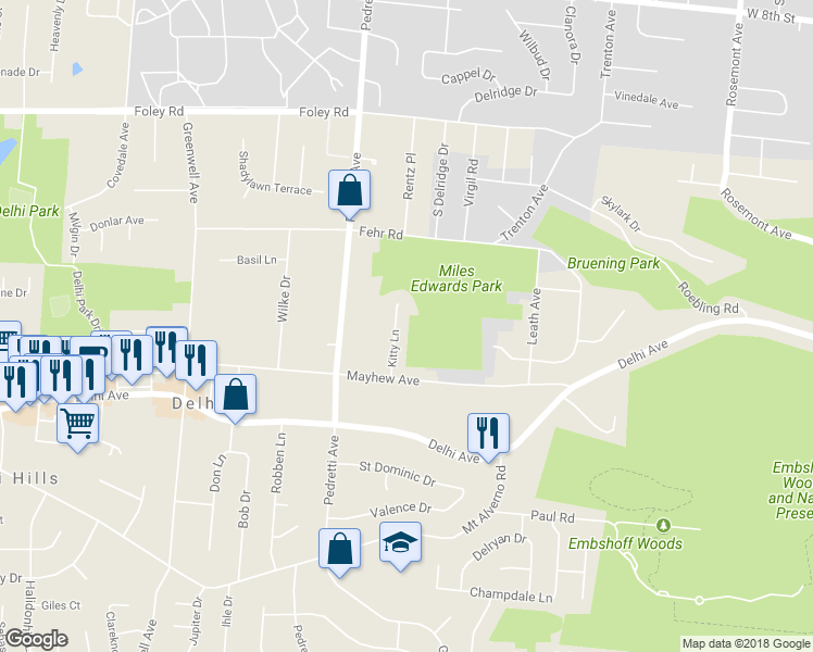 map of restaurants, bars, coffee shops, grocery stores, and more near 448 Kitty Lane in Cincinnati