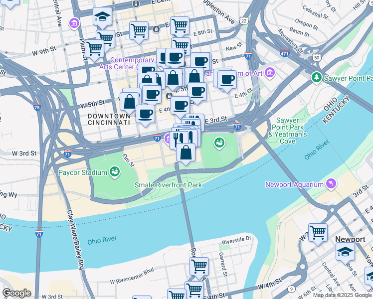 map of restaurants, bars, coffee shops, grocery stores, and more near 120 East Freedom Way in Cincinnati