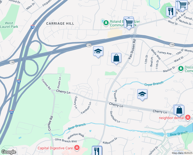 map of restaurants, bars, coffee shops, grocery stores, and more near 15044 Cherrywood Drive in Laurel