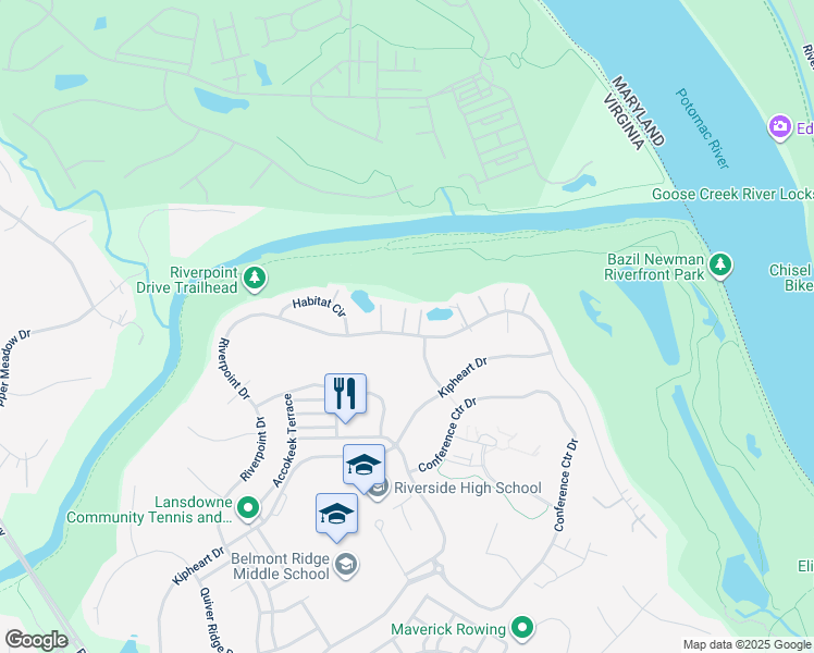 map of restaurants, bars, coffee shops, grocery stores, and more near 44072 Riverpoint Drive in Leesburg