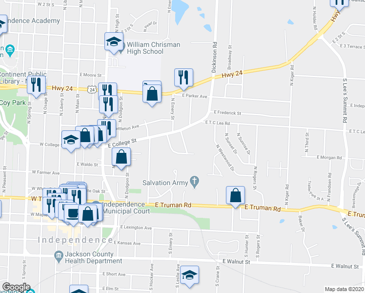 map of restaurants, bars, coffee shops, grocery stores, and more near 602 North Lakeview Avenue in Independence