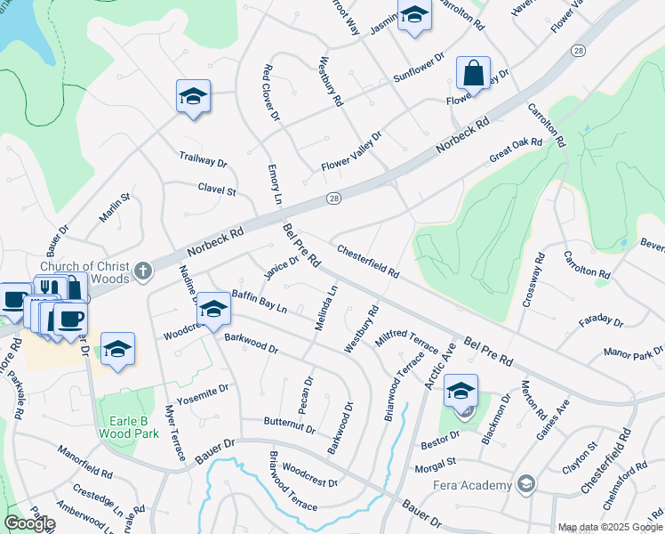map of restaurants, bars, coffee shops, grocery stores, and more near 4905 Bel Pre Road in Rockville