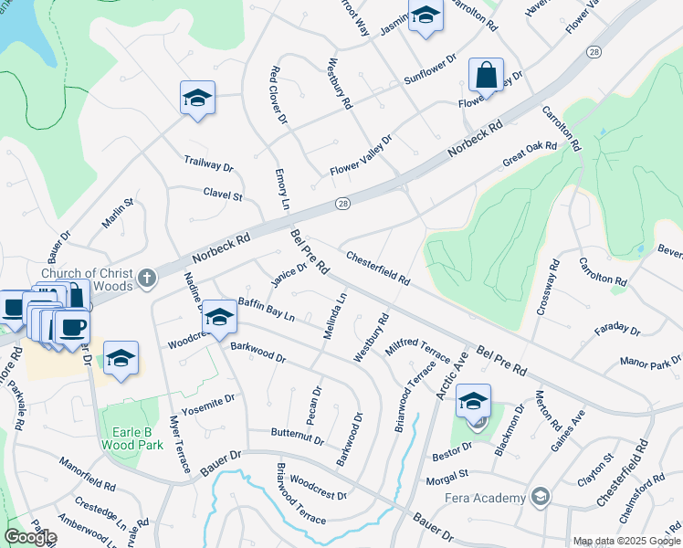 map of restaurants, bars, coffee shops, grocery stores, and more near 4905 Bel Pre Road in Rockville