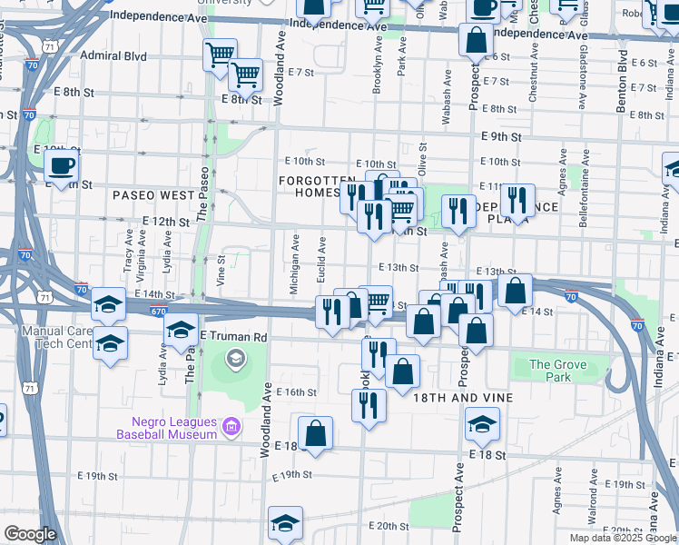 map of restaurants, bars, coffee shops, grocery stores, and more near 1301 Garfield Avenue in Kansas City