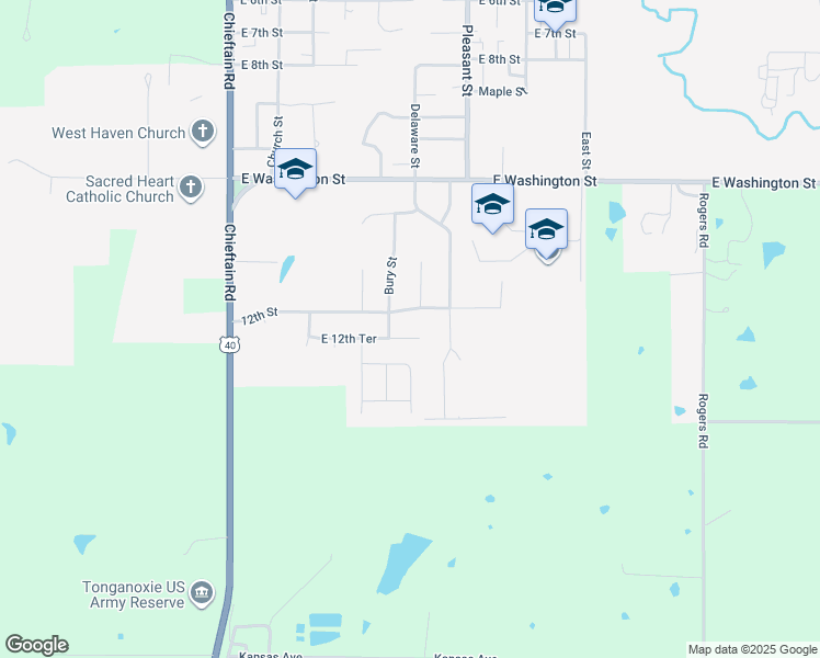 map of restaurants, bars, coffee shops, grocery stores, and more near 505 East 12th Terrace in Tonganoxie