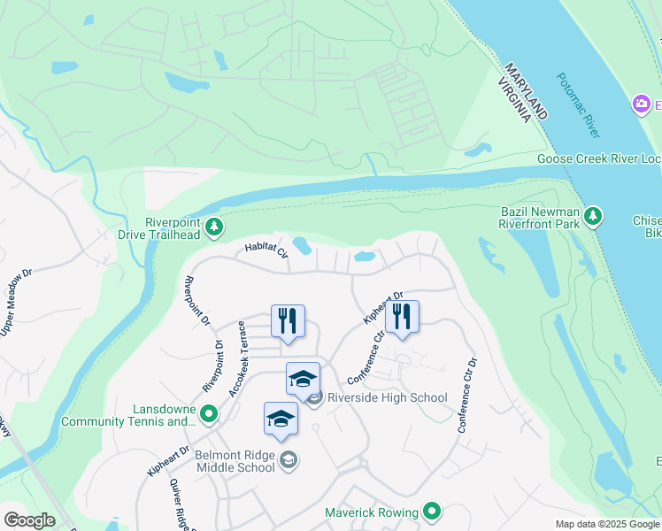 map of restaurants, bars, coffee shops, grocery stores, and more near 44056 Riverpoint Drive in Leesburg