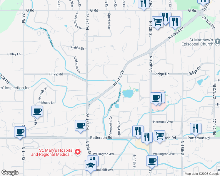 map of restaurants, bars, coffee shops, grocery stores, and more near 645 Horizon Drive in Grand Junction