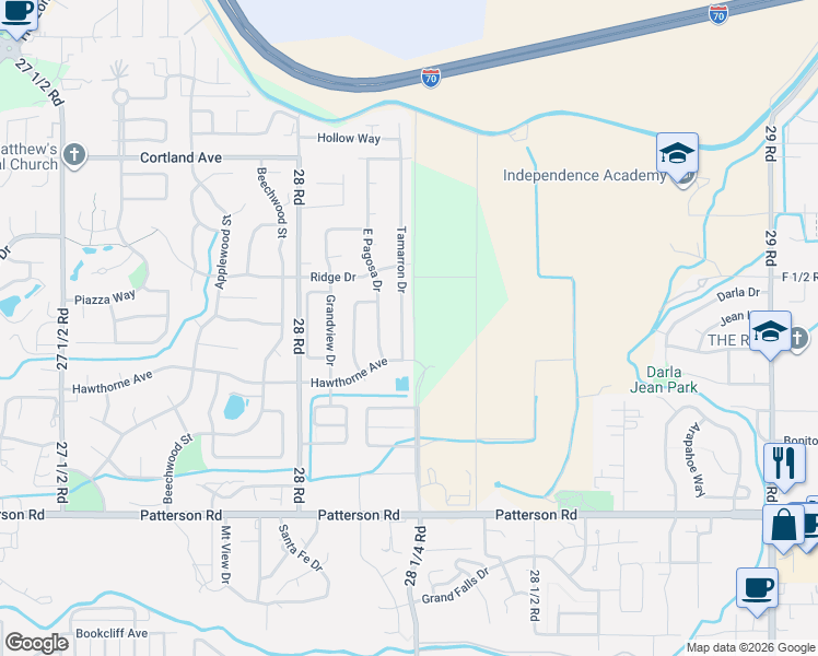 map of restaurants, bars, coffee shops, grocery stores, and more near 638 Tamarron Drive in Grand Junction