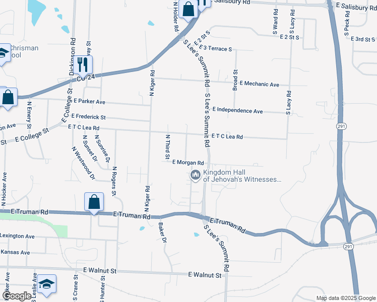map of restaurants, bars, coffee shops, grocery stores, and more near 711 North Frandsen Road in Independence