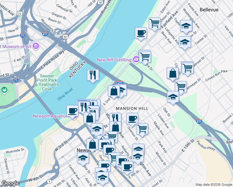 map of restaurants, bars, coffee shops, grocery stores, and more near 501 East 2nd Street in Newport