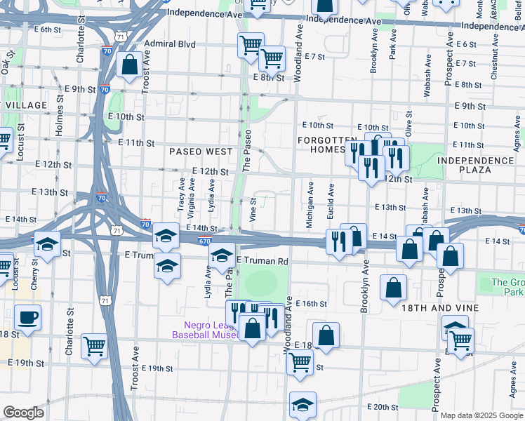 map of restaurants, bars, coffee shops, grocery stores, and more near 1301 Vine Street in Kansas City