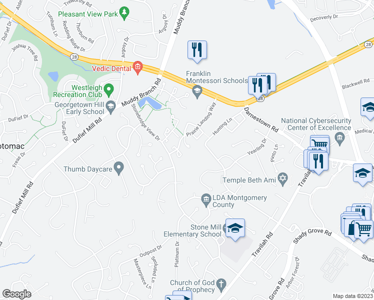 map of restaurants, bars, coffee shops, grocery stores, and more near 12 Prairie Landing Court in North Potomac