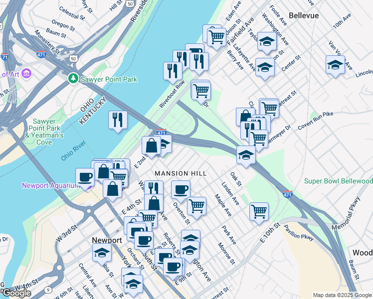 map of restaurants, bars, coffee shops, grocery stores, and more near 560 Lexington Avenue in Newport