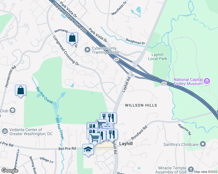 map of restaurants, bars, coffee shops, grocery stores, and more near 14806 Village Gate Drive in Silver Spring