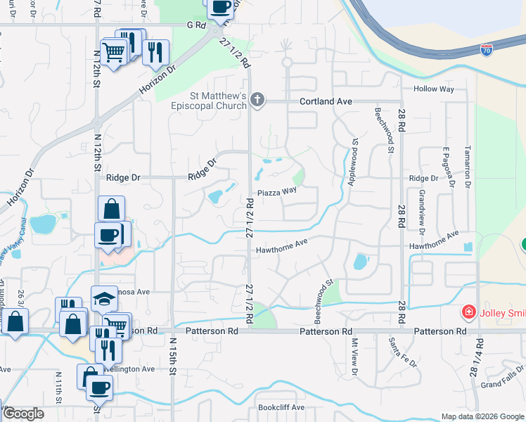 map of restaurants, bars, coffee shops, grocery stores, and more near 3487 Briar Ridge Way in Grand Junction