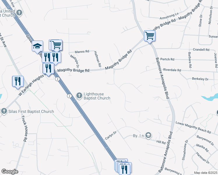map of restaurants, bars, coffee shops, grocery stores, and more near 97 Hampstead Court in Severna Park