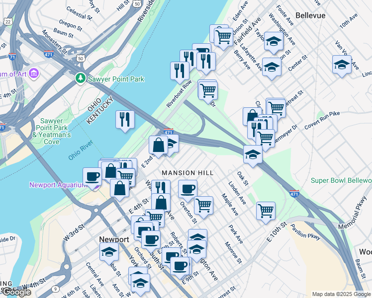 map of restaurants, bars, coffee shops, grocery stores, and more near 560 Lexington Avenue in Newport