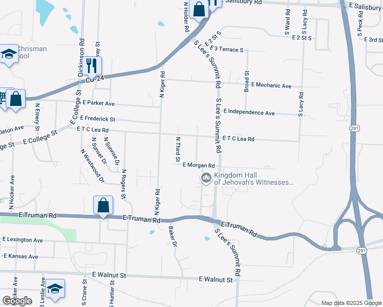 map of restaurants, bars, coffee shops, grocery stores, and more near 711 North Frandsen Road in Independence