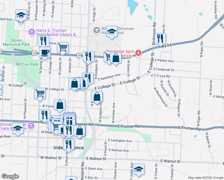 map of restaurants, bars, coffee shops, grocery stores, and more near 307 East College Street in Independence