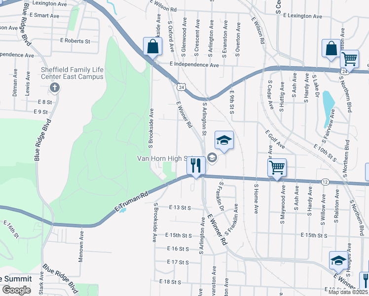 map of restaurants, bars, coffee shops, grocery stores, and more near 1019 1/2 South Glenwood Avenue in Independence