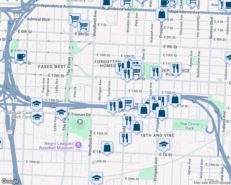 map of restaurants, bars, coffee shops, grocery stores, and more near 1301 Garfield Avenue in Kansas City