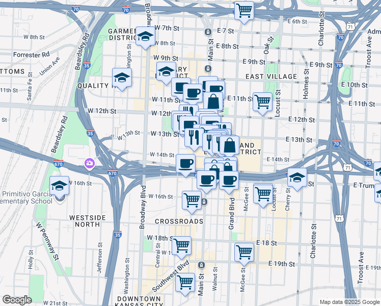 map of restaurants, bars, coffee shops, grocery stores, and more near 1329 Baltimore Avenue in Kansas City