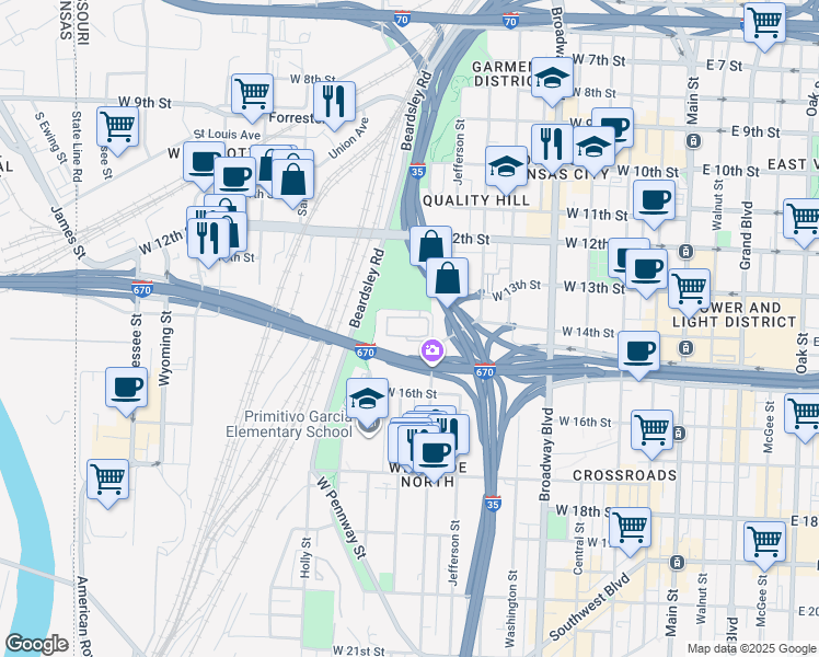 map of restaurants, bars, coffee shops, grocery stores, and more near 1300 Summit Street in Kansas City