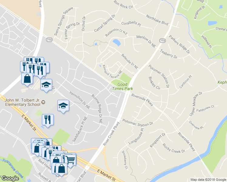 map of restaurants, bars, coffee shops, grocery stores, and more near 804 Sydney Terrace NE in Leesburg