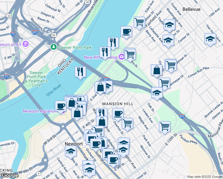 map of restaurants, bars, coffee shops, grocery stores, and more near 536 3rd Street in Newport