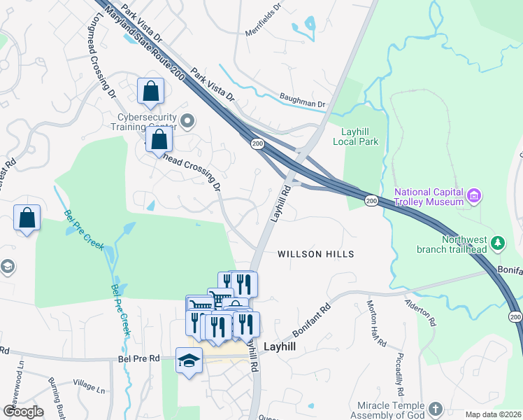 map of restaurants, bars, coffee shops, grocery stores, and more near 2121 Cherry Leaf Lane in Silver Spring