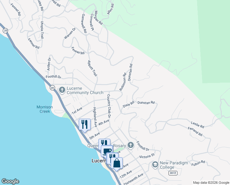 map of restaurants, bars, coffee shops, grocery stores, and more near 4487 Foothill Drive in Lucerne