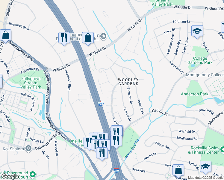 map of restaurants, bars, coffee shops, grocery stores, and more near 862 Azalea Drive in Rockville
