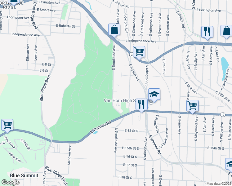 map of restaurants, bars, coffee shops, grocery stores, and more near 1017 South Brookside Avenue in Independence