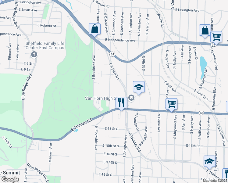 map of restaurants, bars, coffee shops, grocery stores, and more near 1019 1/2 South Glenwood Avenue in Independence