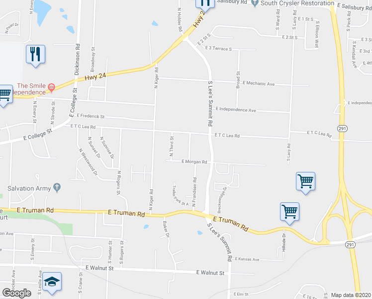 map of restaurants, bars, coffee shops, grocery stores, and more near 710 North Frandsen Road in Independence