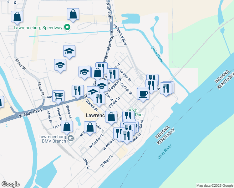 map of restaurants, bars, coffee shops, grocery stores, and more near 413 Arch Street in Lawrenceburg
