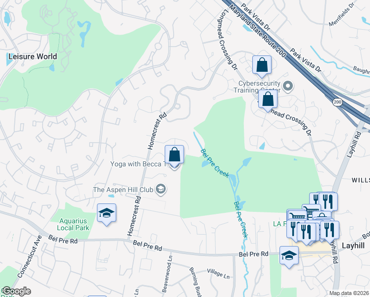 map of restaurants, bars, coffee shops, grocery stores, and more near 2806 Gunarette Way in Silver Spring