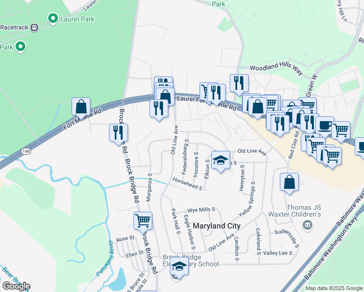 map of restaurants, bars, coffee shops, grocery stores, and more near 236 Federalsburg South in Laurel