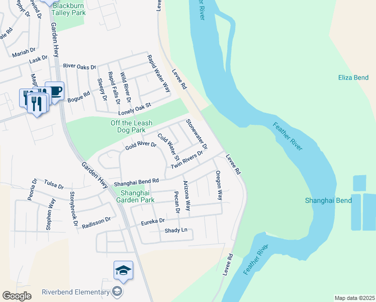 map of restaurants, bars, coffee shops, grocery stores, and more near 234 Stillwater Drive in Yuba City