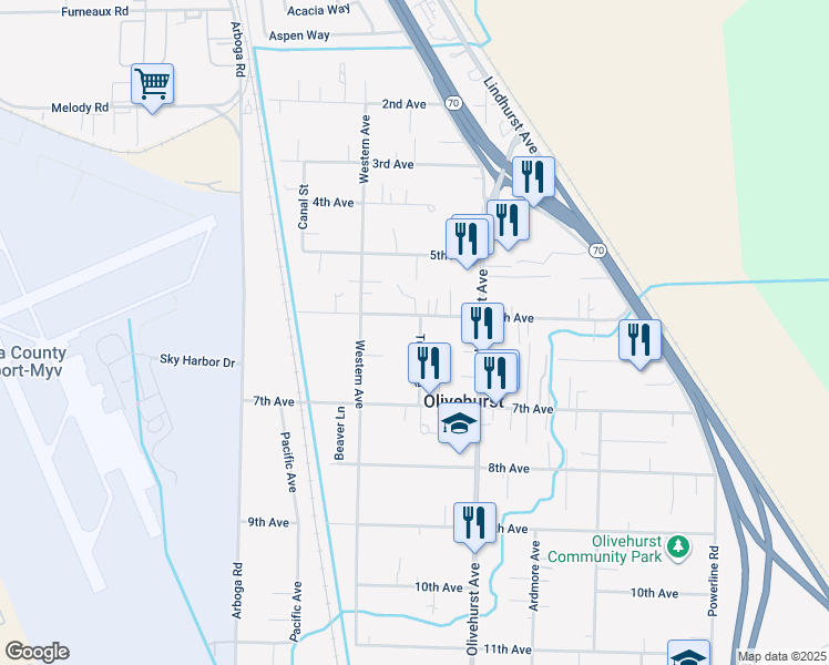 map of restaurants, bars, coffee shops, grocery stores, and more near 4950 Tulsa Avenue in Olivehurst